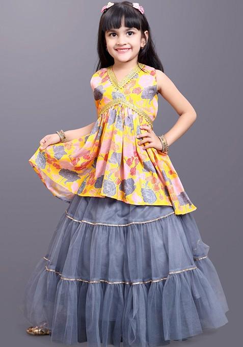 Yellow Printed Net Lehenga Choli For Girls — view on Indya