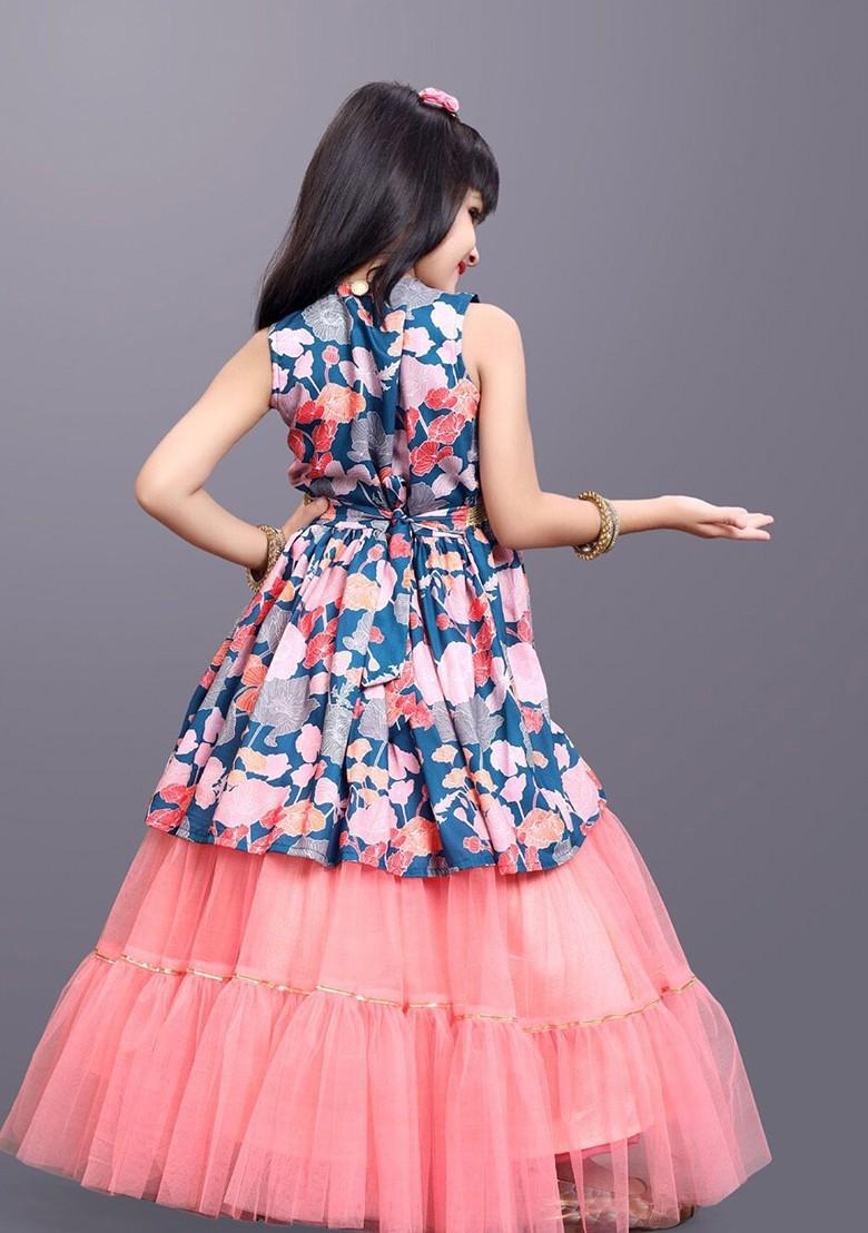 Navy Blue Printed Net Lehenga Choli For Girls - Indya