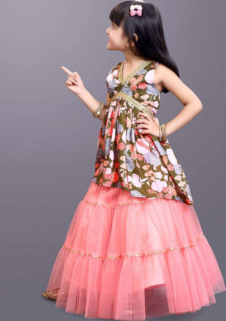 Green Printed Net Lehenga Choli For Girls - Indya