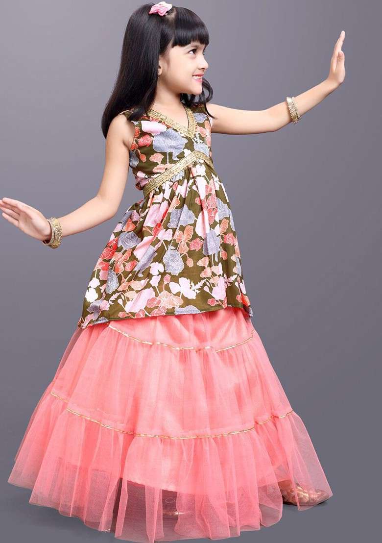 Green Printed Net Lehenga Choli For Girls - Indya