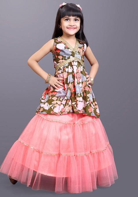 Green Printed Net Lehenga Choli For Girls — view on Indya