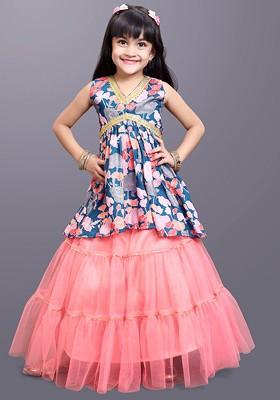 Navy Blue Printed Blended Lehenga Choli For Girls