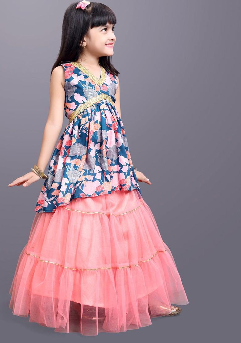 Navy Blue Printed Blended Lehenga Choli For Girls - Indya