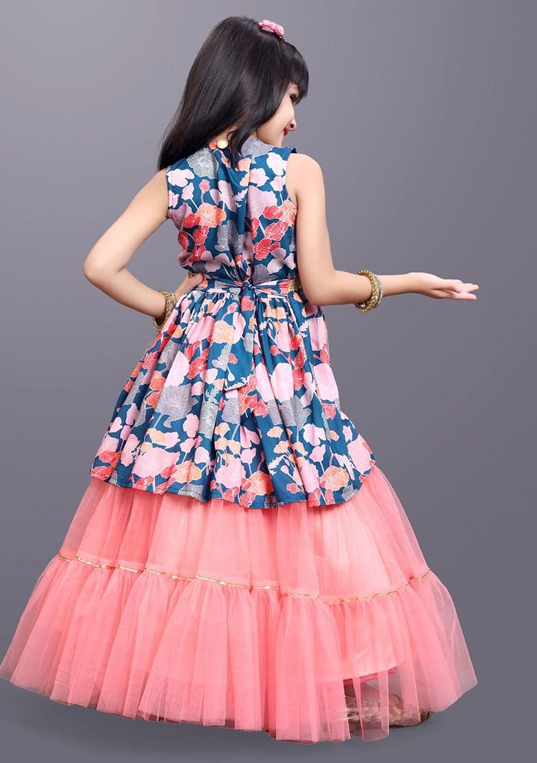 Navy Blue Printed Blended Lehenga Choli For Girls - Indya