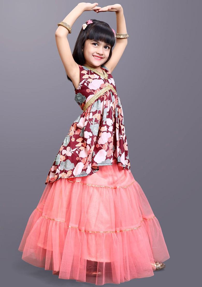 Magenta Printed Blended Lehenga Choli For Girls - Indya