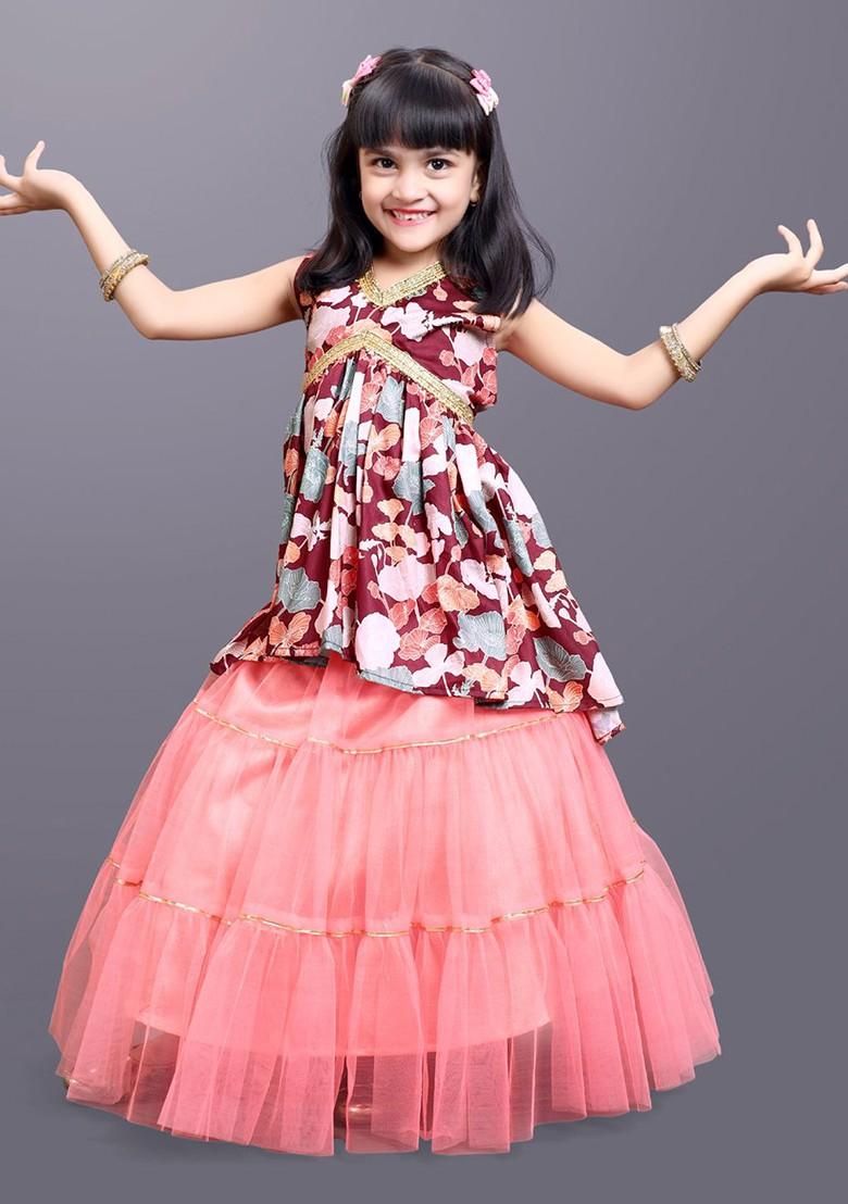 Magenta Printed Blended Lehenga Choli For Girls - Indya