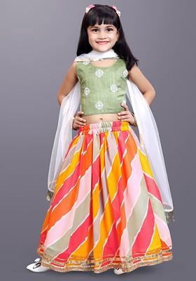 Green Embroidered Blended Lehenga Choli For Girls