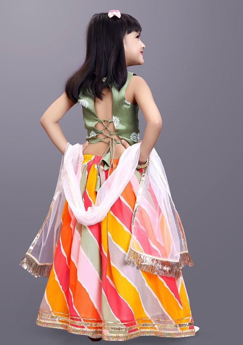 Green Embroidered Blended Lehenga Choli For Girls - Indya