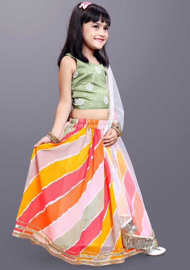 Green Embroidered Blended Lehenga Choli For Girls - Indya