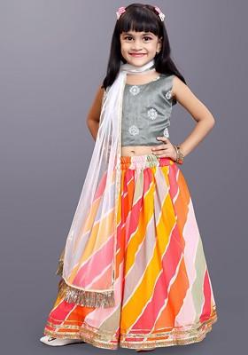 Grey Embroidered Blended Lehenga Choli For Girls