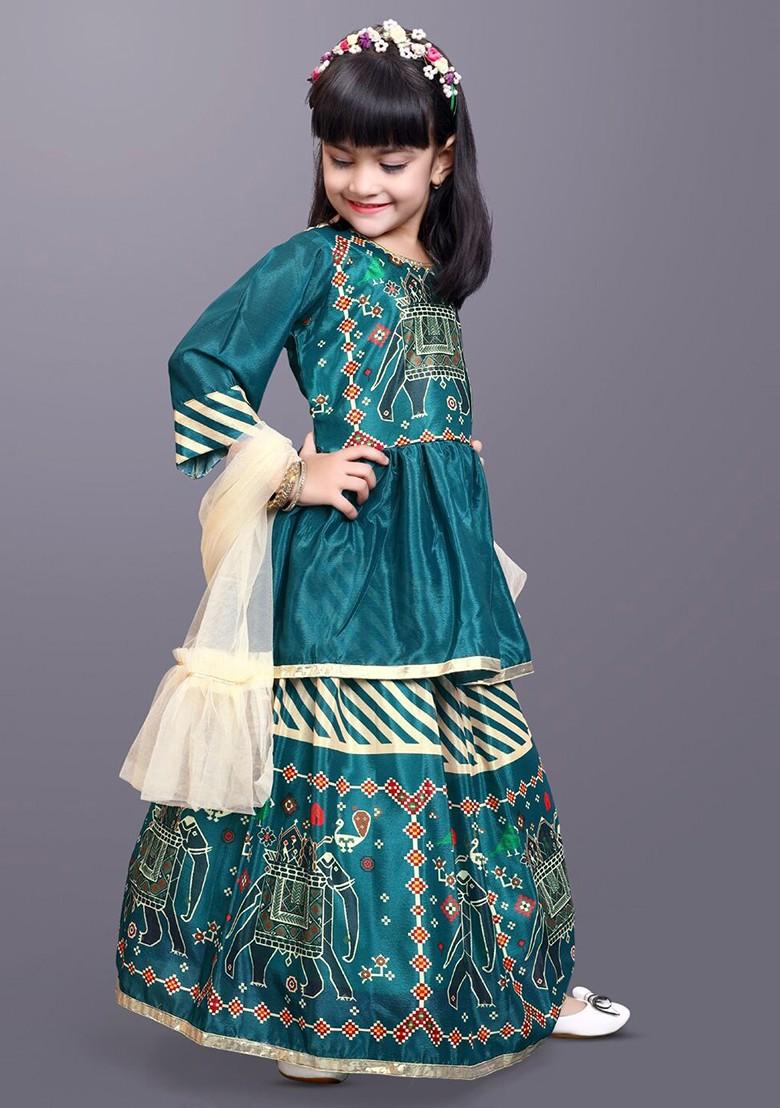 Green Printed Blended Lehenga Choli For Girls - Indya