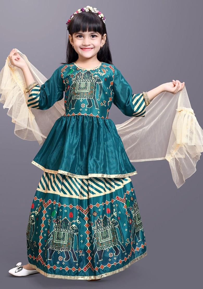 Green Printed Blended Lehenga Choli For Girls - Indya