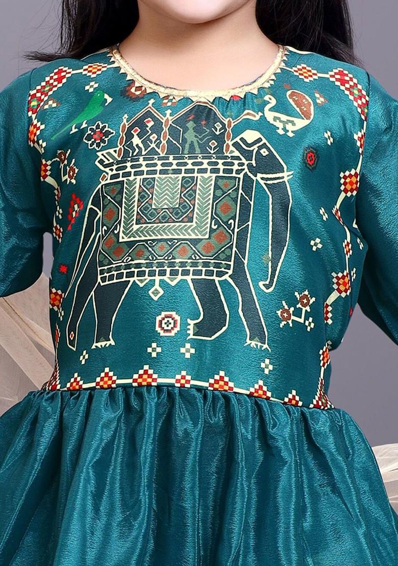 Green Printed Blended Lehenga Choli For Girls - Indya