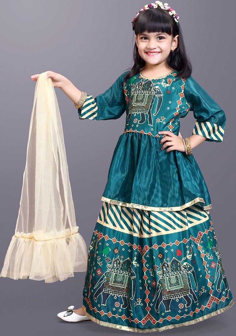 Green Printed Blended Lehenga Choli For Girls - Indya