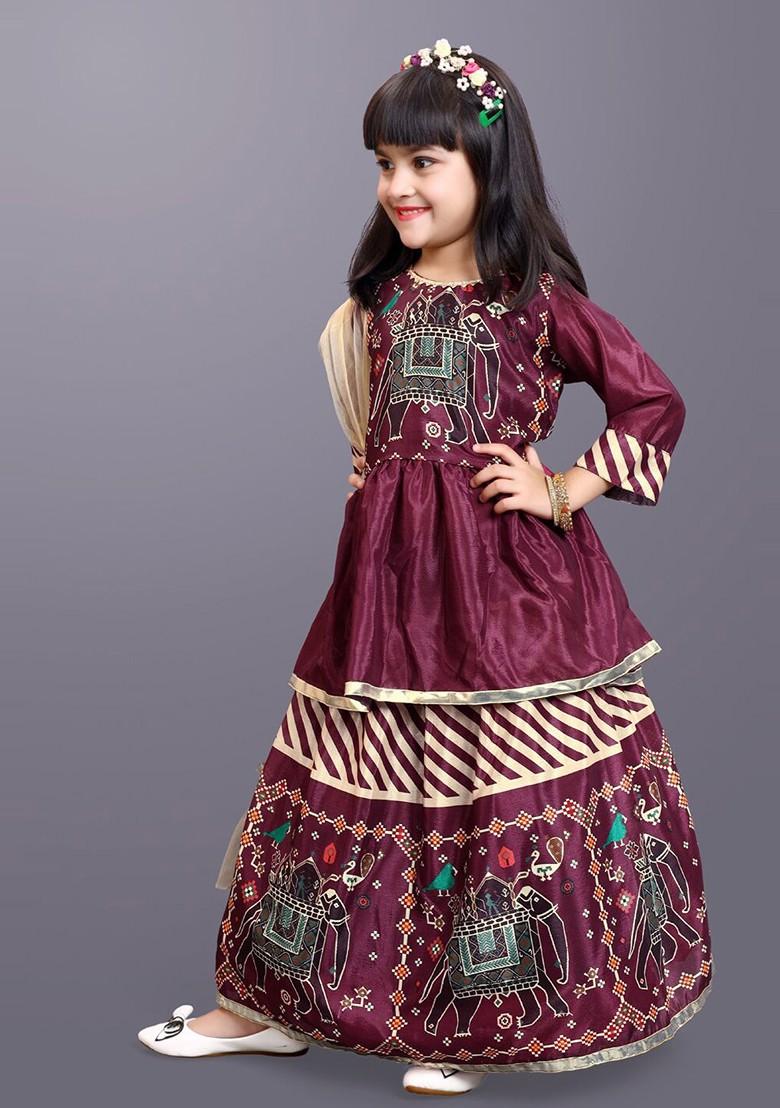 Maroon Printed Blended Lehenga Choli For Girls - Indya