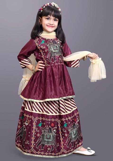 Maroon Printed Blended Lehenga Choli For Girls — view on Indya