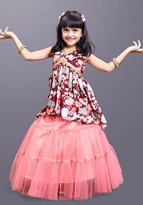 Magenta Printed Blended Lehenga Choli For Girls