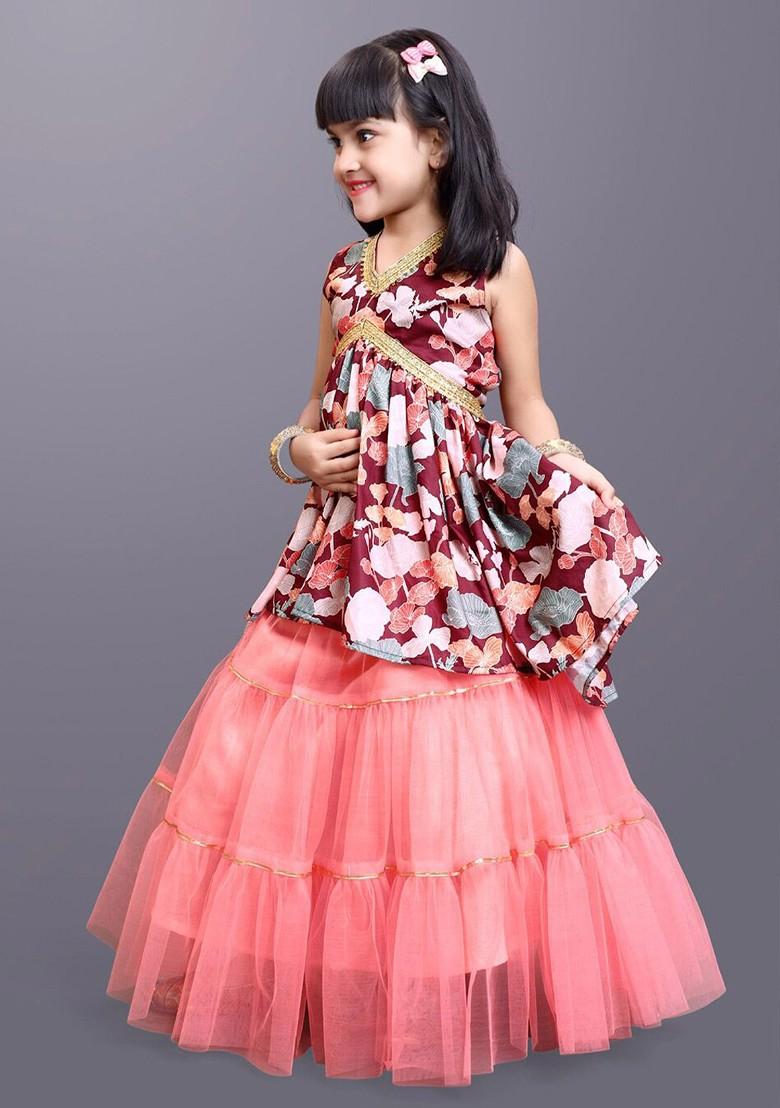 Magenta Printed Blended Lehenga Choli For Girls - Indya