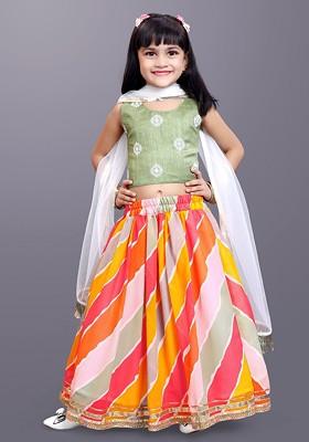 Green Embroidered Blended Lehenga Choli For Girls