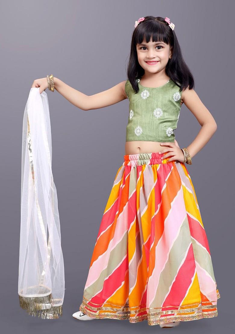 Green Embroidered Blended Lehenga Choli For Girls - Indya