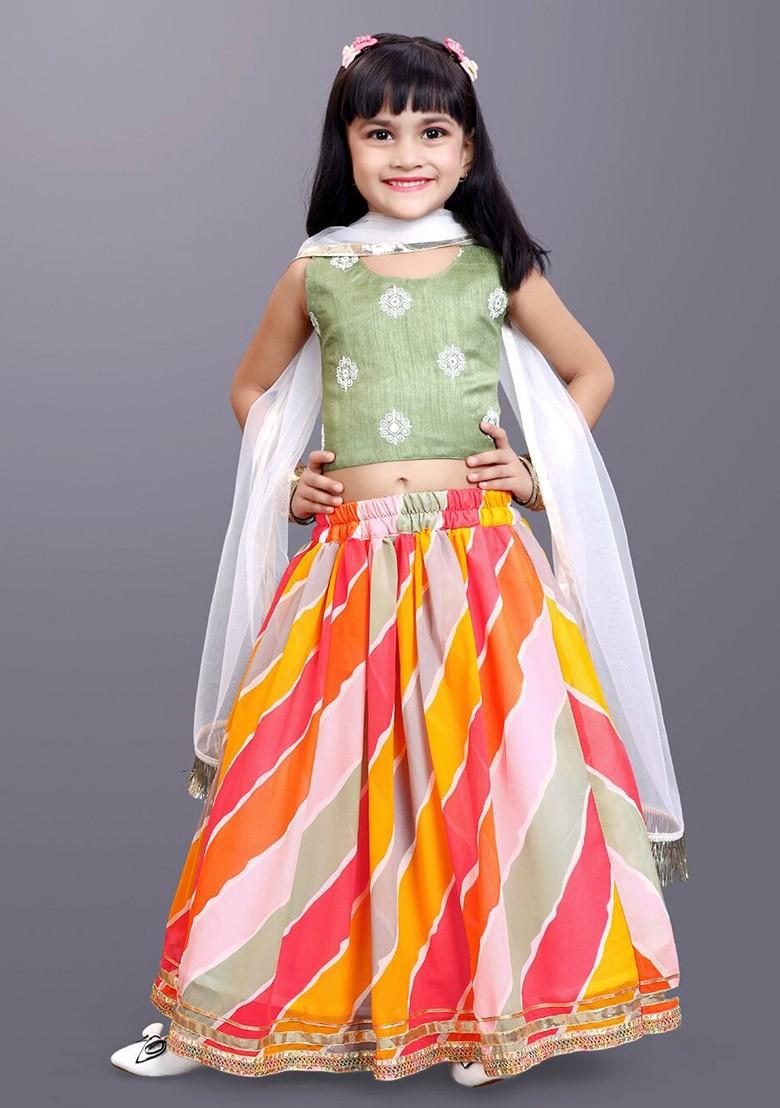 Green Embroidered Blended Lehenga Choli For Girls - Indya