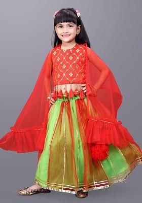 Green Embroidered Blended Lehenga Choli For Girls