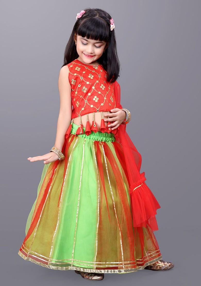 Green Embroidered Blended Lehenga Choli For Girls - Indya
