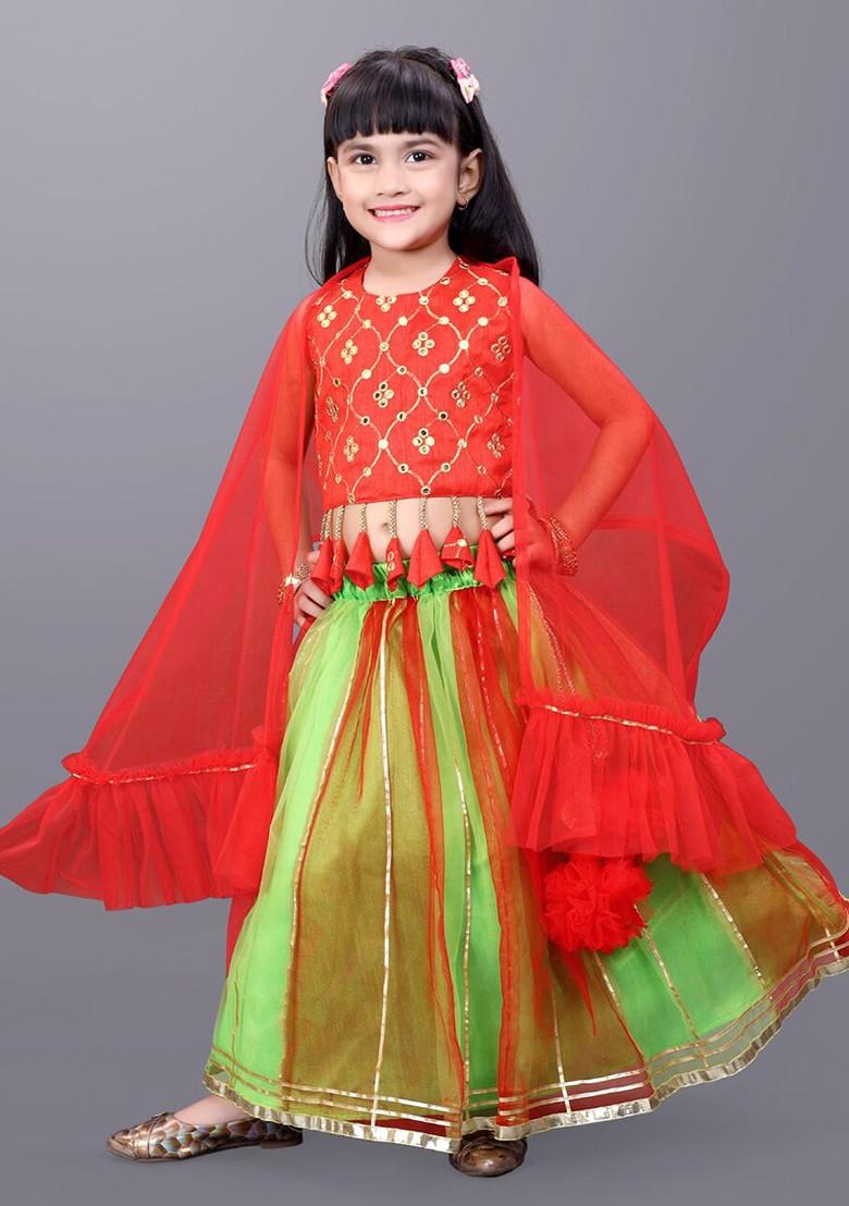 Green Embroidered Blended Lehenga Choli For Girls - Indya