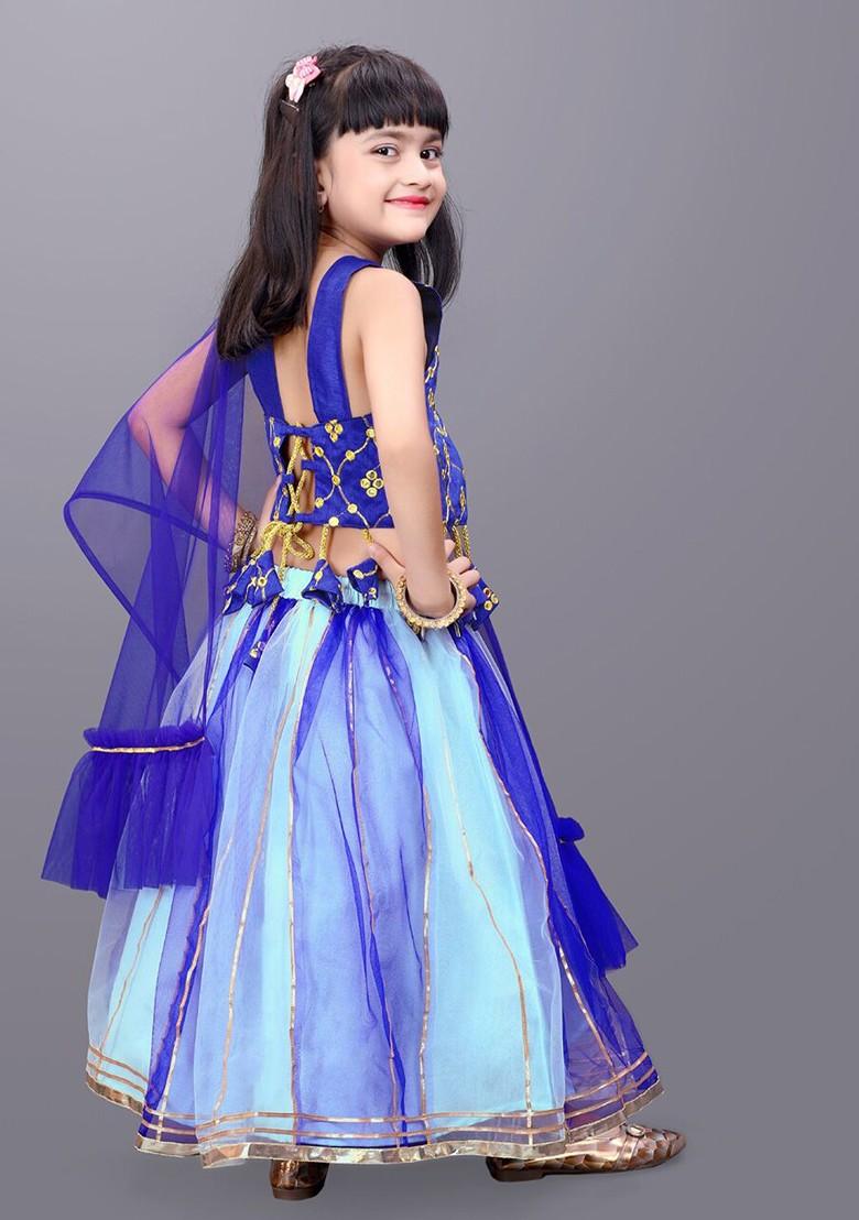 Sea Green Embroidered Blended Lehenga Choli For Girls - Indya