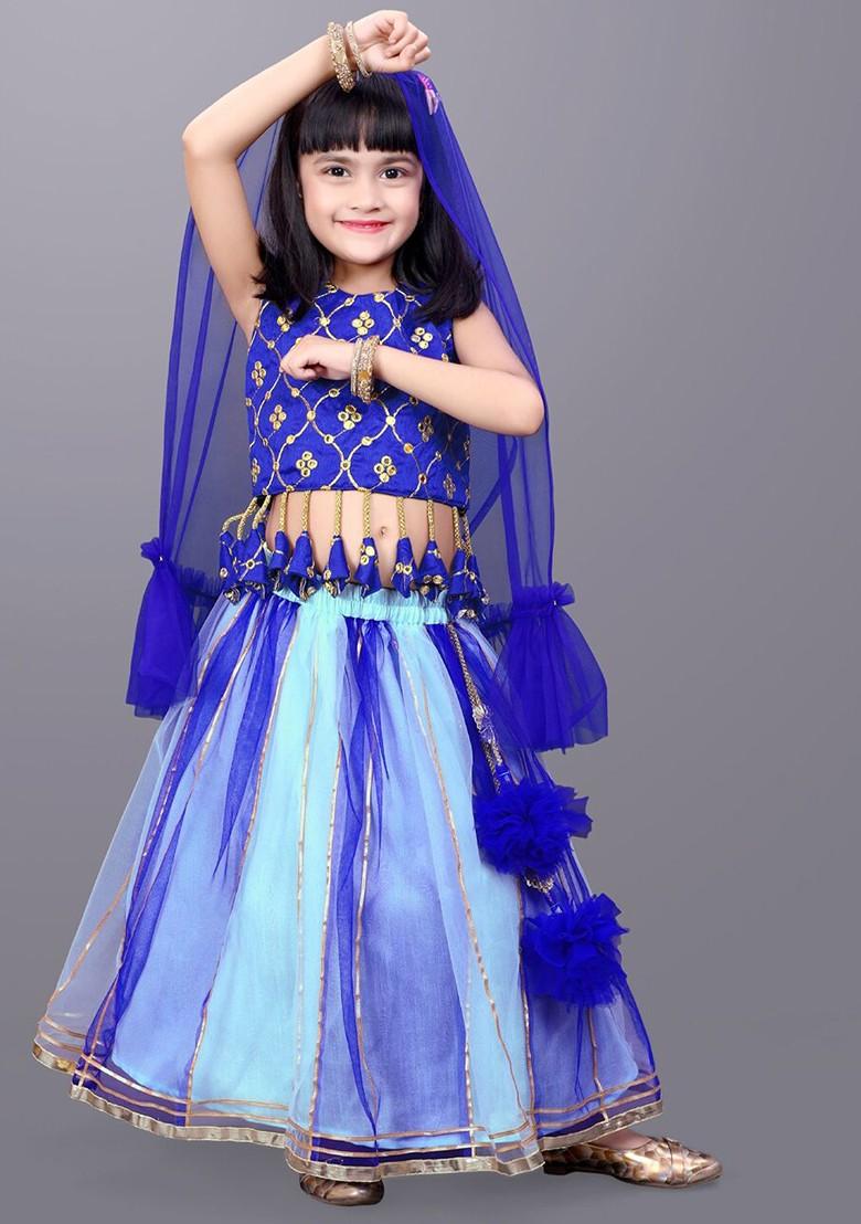 Sea Green Embroidered Blended Lehenga Choli For Girls - Indya