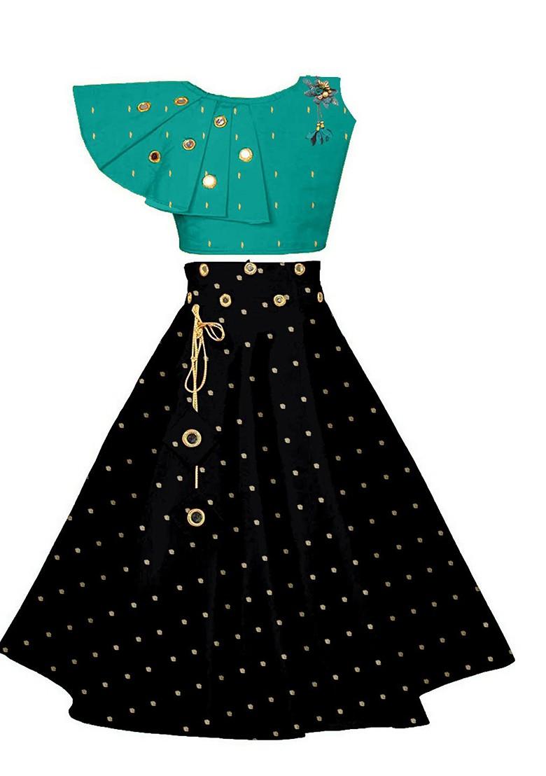 Green Embroidered Blended Lehenga Choli For Girls - Indya