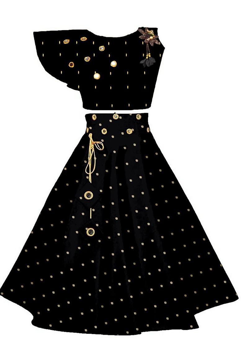 Black Embellished Blended Lehenga Choli For Girls - Indya