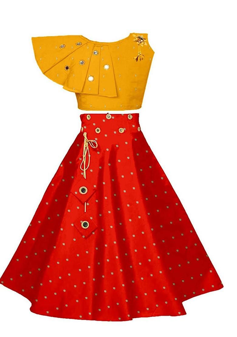Yellow Embroidered Blended Lehenga Choli For Girls - Indya