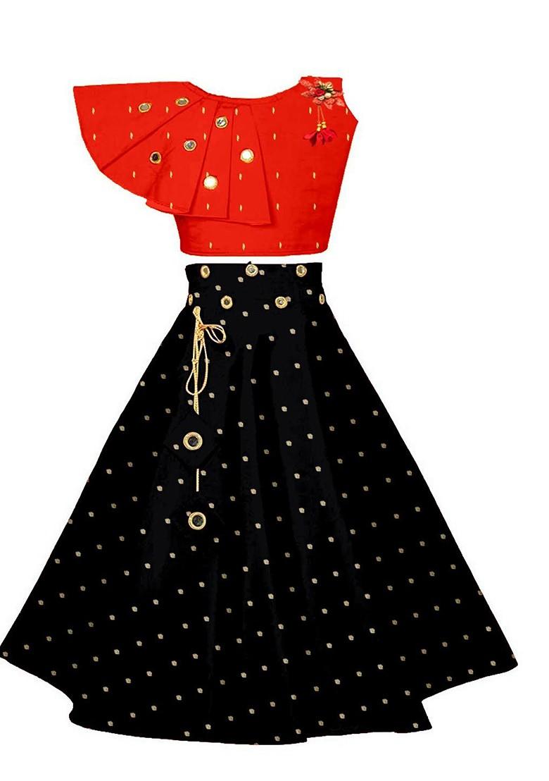 Red Embroidered Blended Lehenga Choli For Girls - Indya