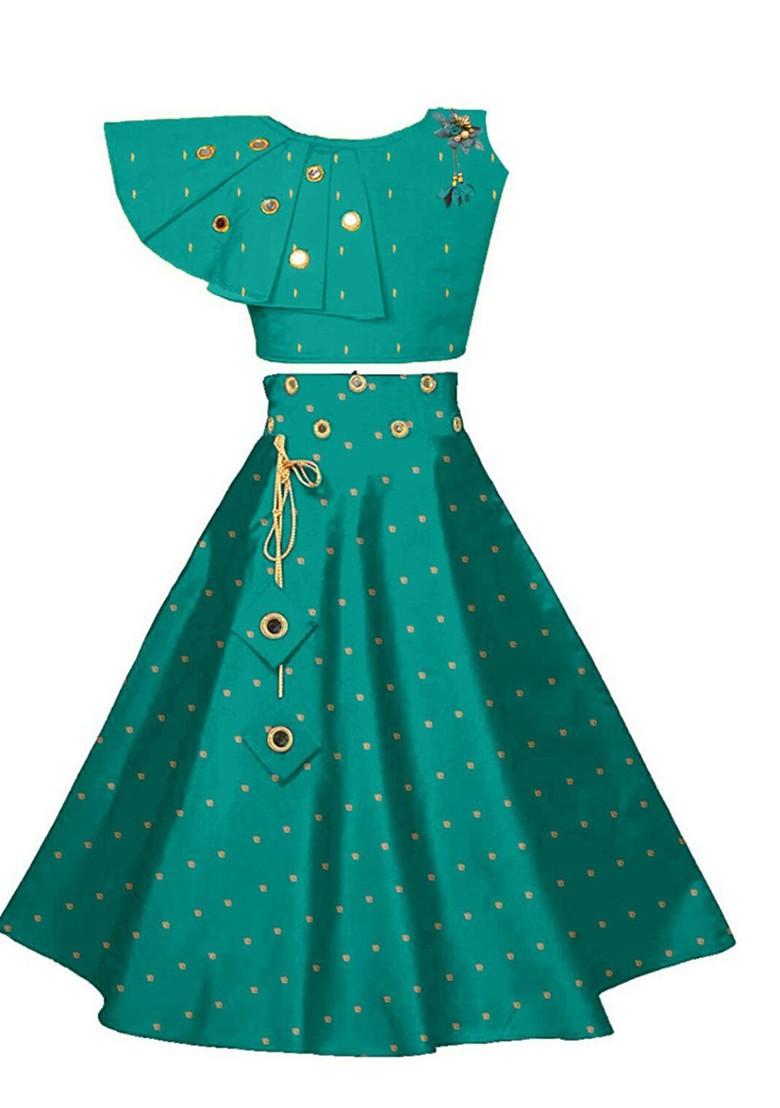 Green Embroidered Blended Lehenga Choli For Girls - Indya