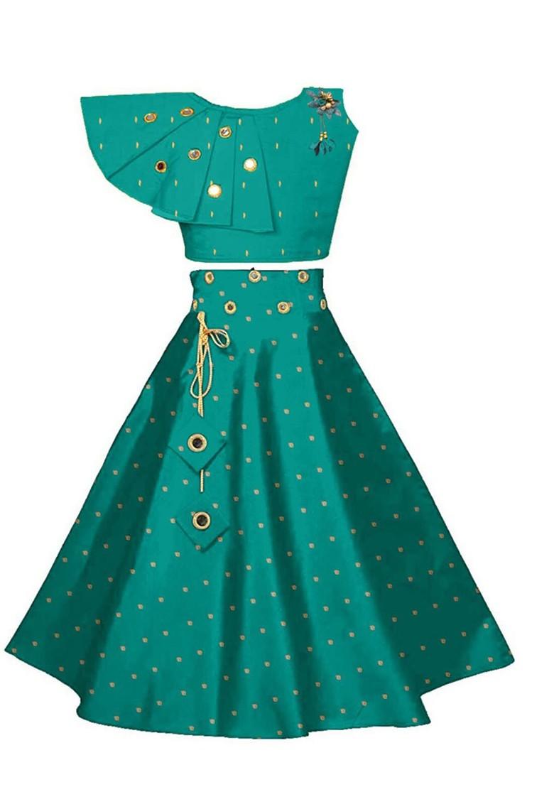 Green Embellished Blended Lehenga Choli For Girls - Indya