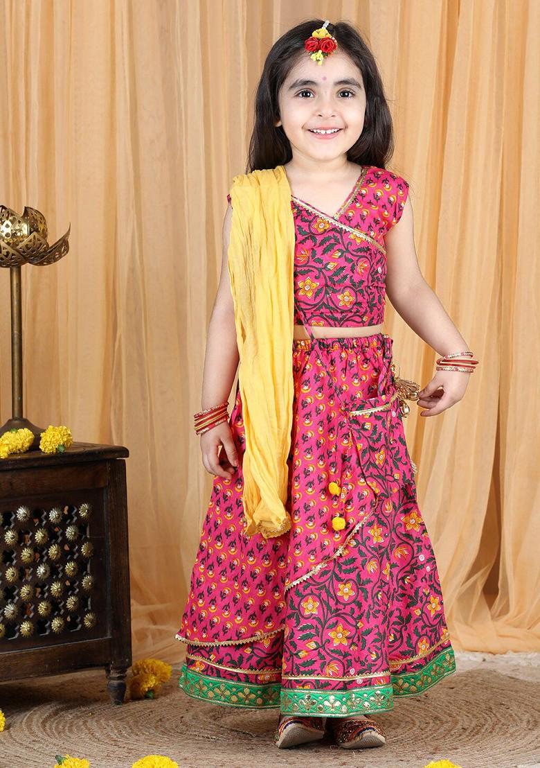 Pink Embroidered Cotton Blend Lehenga Choli For Girls - Indya