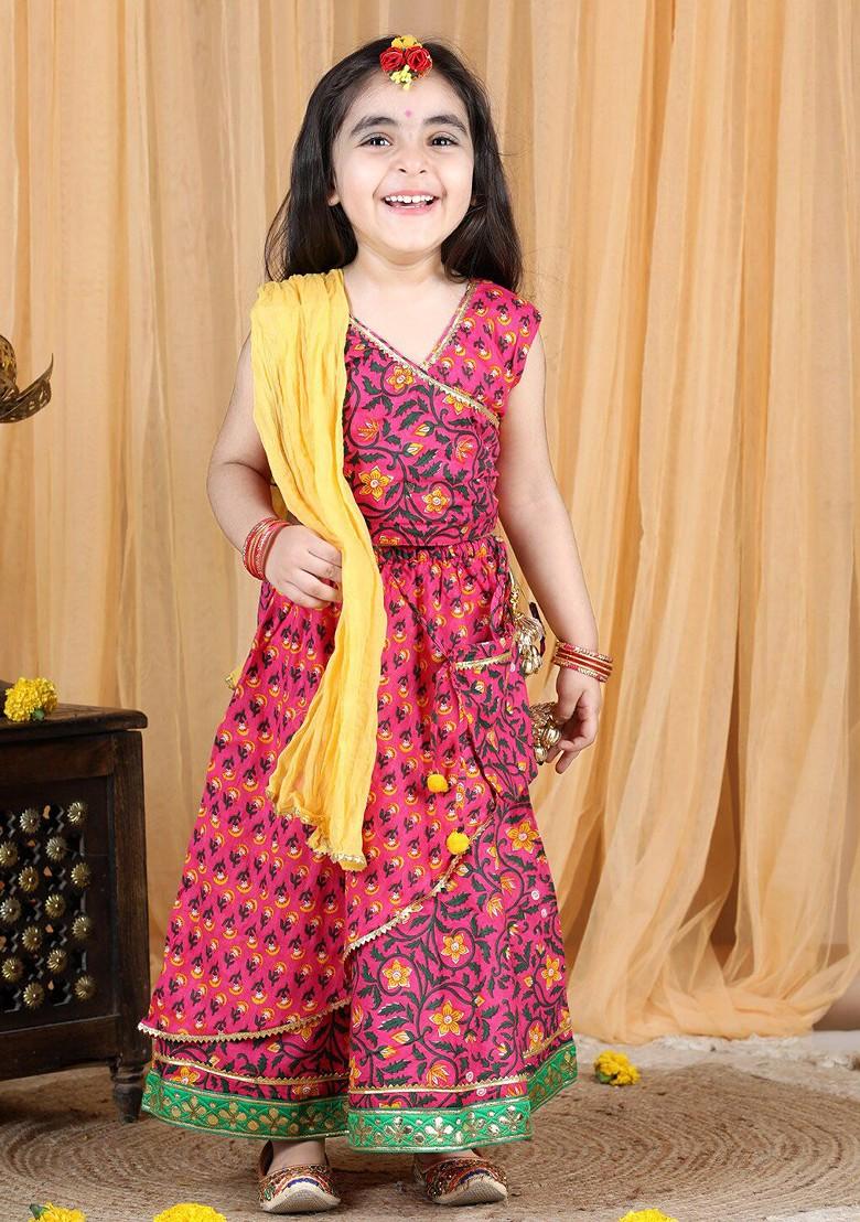 Pink Embroidered Cotton Blend Lehenga Choli For Girls - Indya