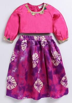 Pink Embellished Cotton Blend Lehenga Choli For Girls