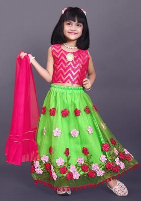 Green Embroidered Blended Lehenga Choli For Girls
