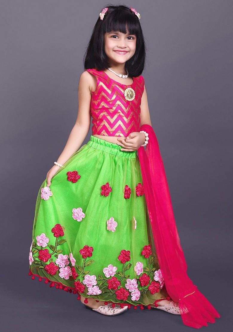 Green Embroidered Blended Lehenga Choli For Girls - Indya