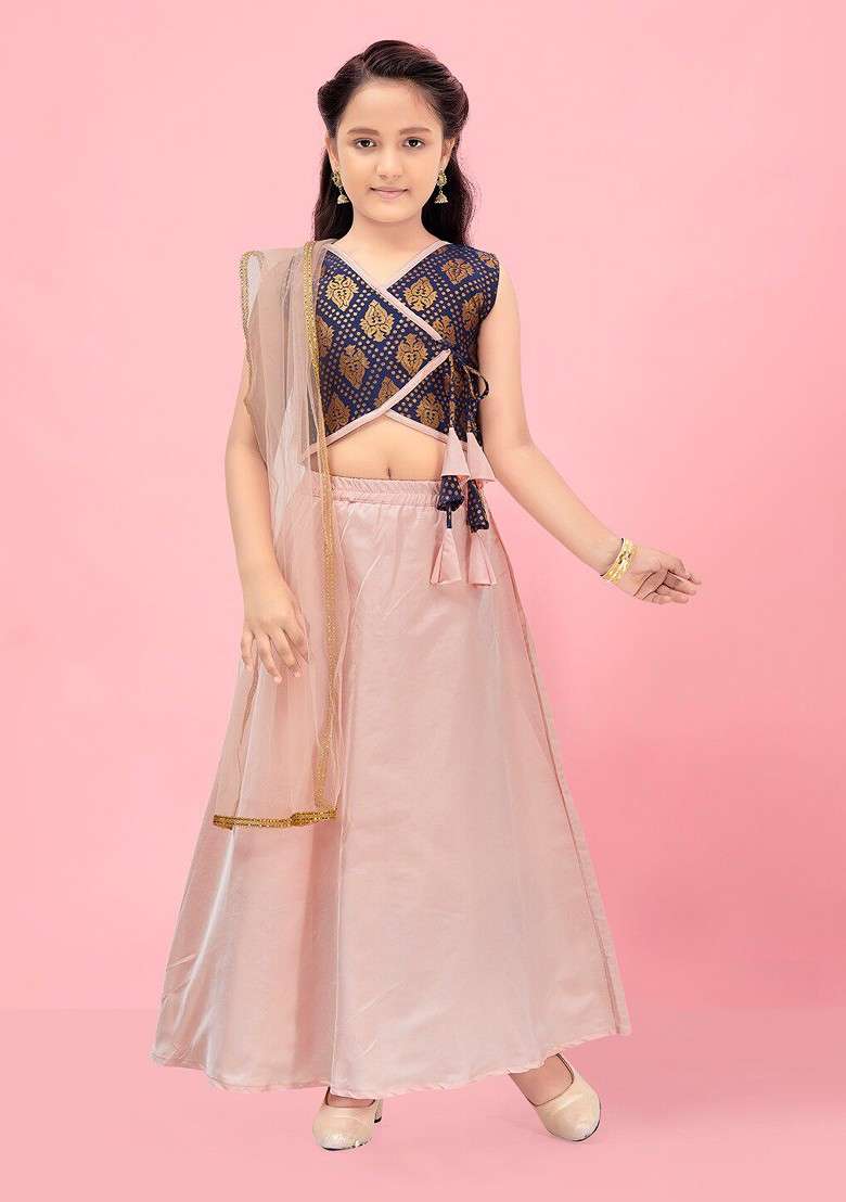 Navy Blue Embroidered Blended Lehenga Choli For Girls - Indya