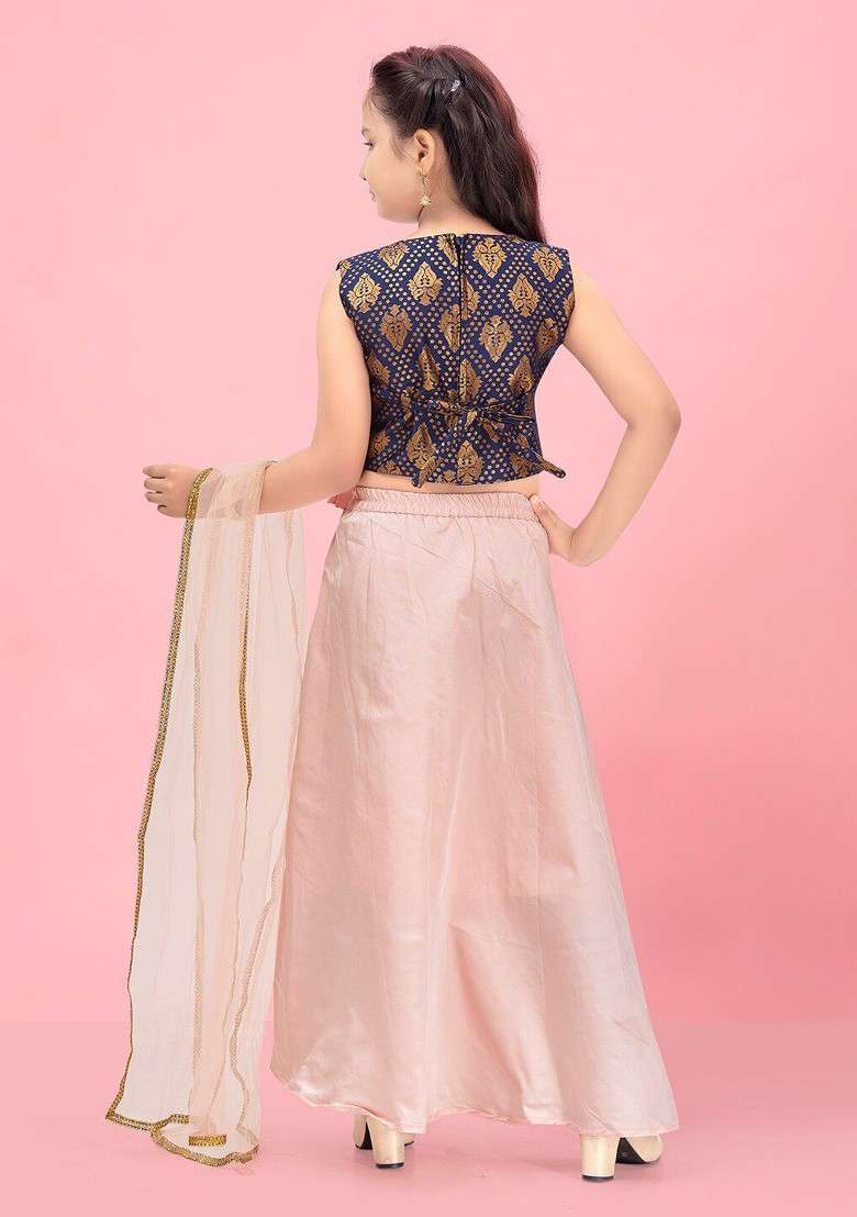 Navy Blue Embroidered Blended Lehenga Choli For Girls - Indya