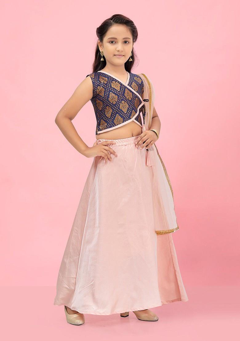 Navy Blue Embroidered Blended Lehenga Choli For Girls - Indya