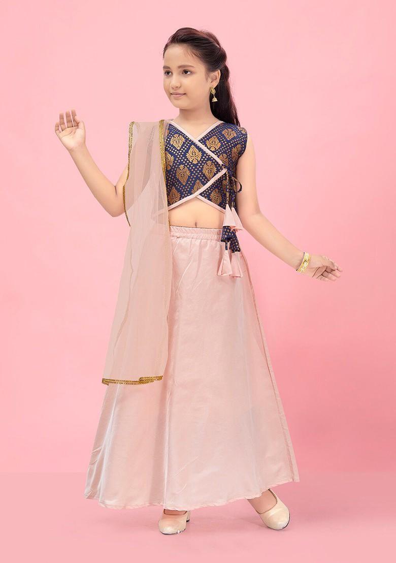 Navy Blue Embroidered Blended Lehenga Choli For Girls - Indya