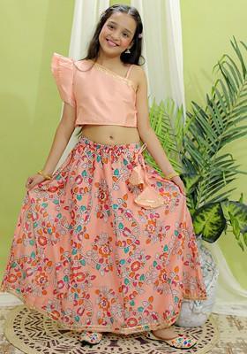 Peach Embroidered Blended Lehenga Choli For Girls