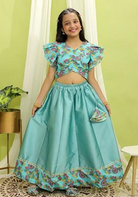 Blue Embroidered Blended Lehenga Choli For Girls