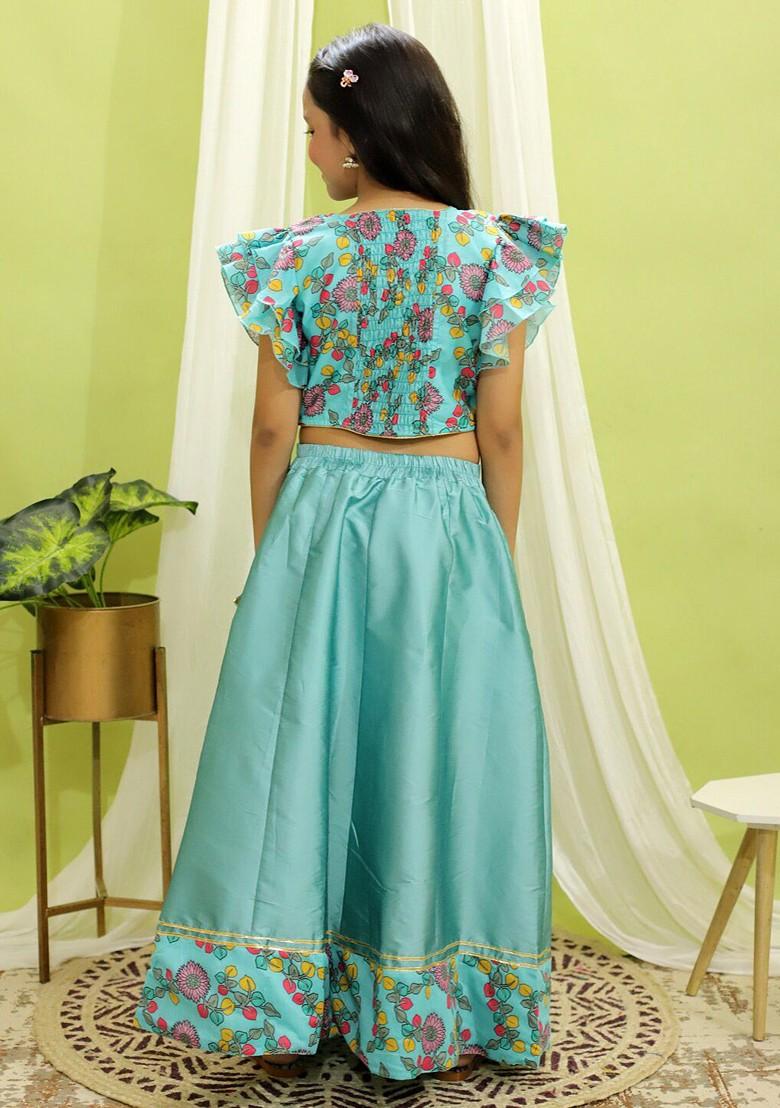 Blue Embroidered Blended Lehenga Choli For Girls - Indya
