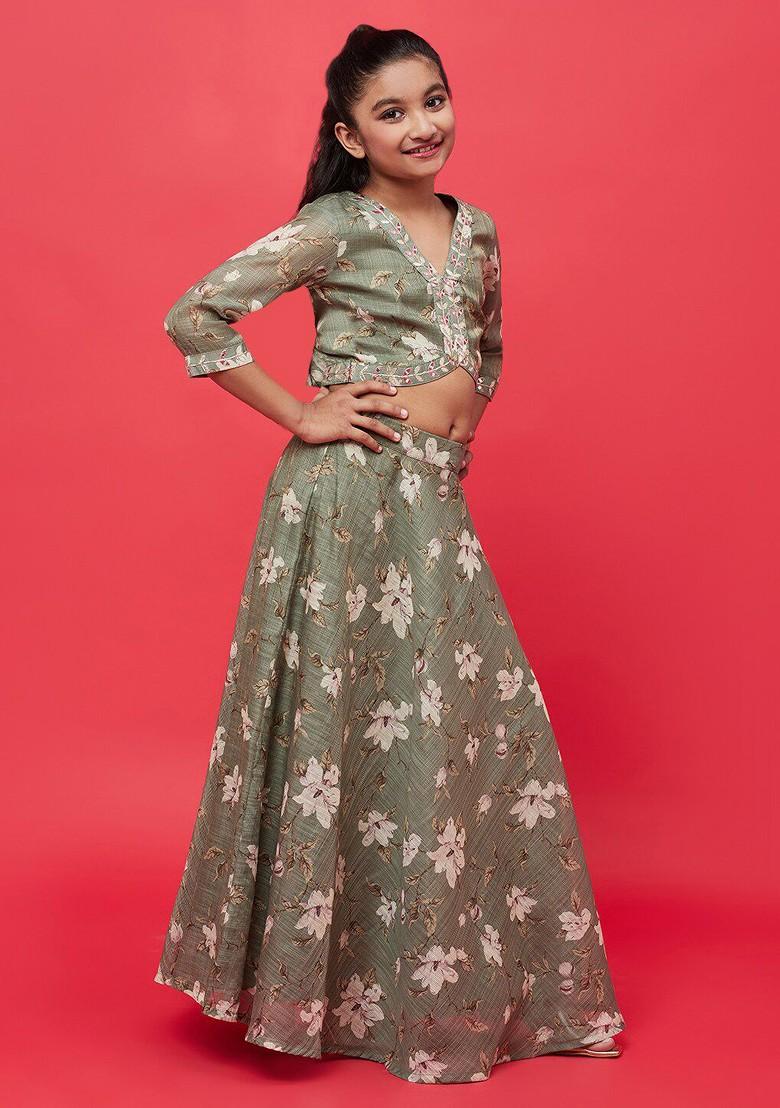 Green Printed Blended Lehenga Choli For Girls - Indya