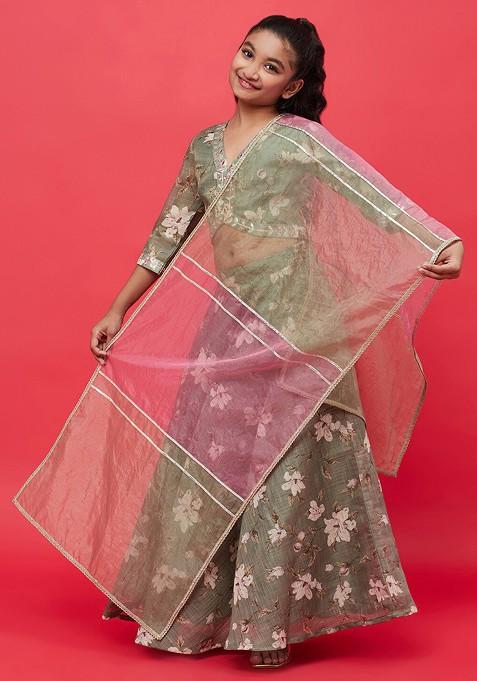 Green Printed Blended Lehenga Choli For Girls — view on Indya